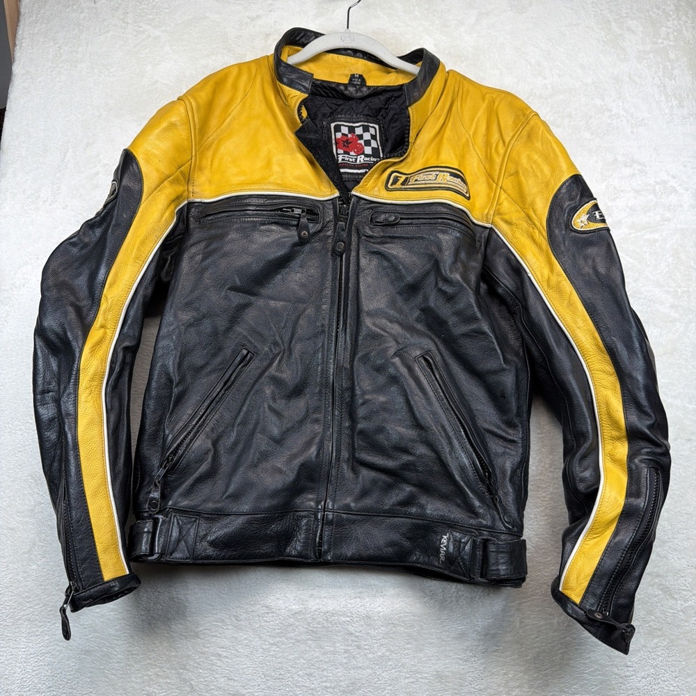 First Racing Motorcycle Jacket Men's M Leather Armored Black Yellow Biker Moto